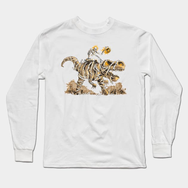 Skeleton riding mummy dinosaur Long Sleeve T-Shirt by mehdime